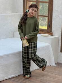 Hapijoa 少女纯色上衣和格子裤睡衣套装 - 軍綠色 - 查看 3