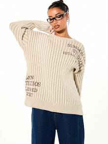 SUMWON WOMEN Oversized Ribbed Knit Sweater With Text Graphics And Long Sleeves For Casual Winter Layering - Khaki - View 6