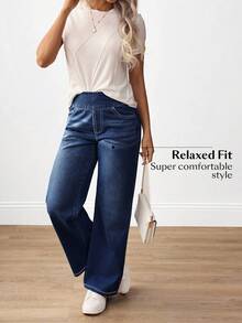 SHEIN Tall CURVE 大码女式休闲直筒牛仔裤 - 藍色 - 查看 2