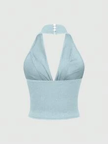 SHEIN PETITE Women's Sequin Metallic Knit Halter Neck Cropped Camisole Top, Sexy Bodycon Backless Top - Baby Blue - View 2