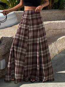 Livesso Loose Casual Vacation Fashion Brown Plaid Contrast Color Block Bohemian Street School Style High Waist Women Skirt, Spring/Summer - Brown - View 4