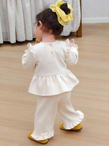 DAZY Toddler Girls' Round Neck Bow Tie Cap Sleeve Thermal Lined Sweatshirt And Flare Leg Pants Set