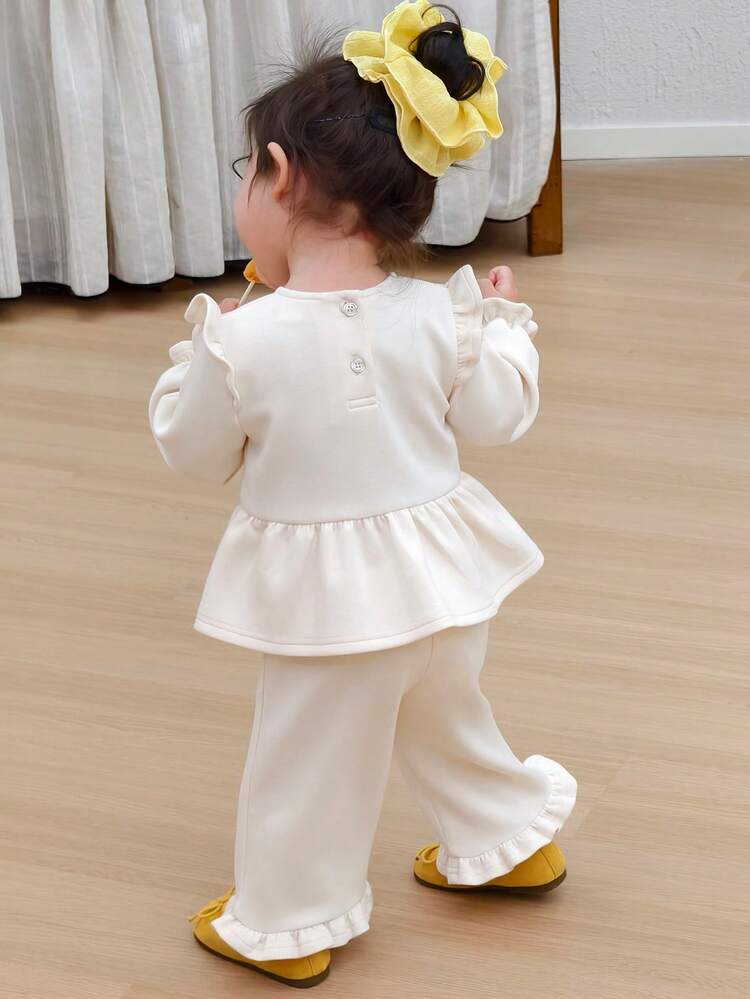 Toddler Girls' Round Neck Bow Tie Cap Sleeve Thermal Lined Sweatshirt And Flare Leg Pants Set