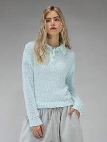 COUREZ 长袖开襟针织Polo衫/Y2K长袖上衣 外出上衣 女式上衣 冬季女装 - 薄荷綠 - 查看 7