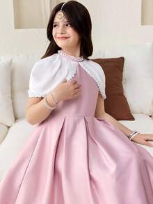 Vestido elegante para niña preadolescente con decoración de perlas, cuello alto pequeño y diseño de bloques de color patchwork - Rosa Pálido - Ver 5