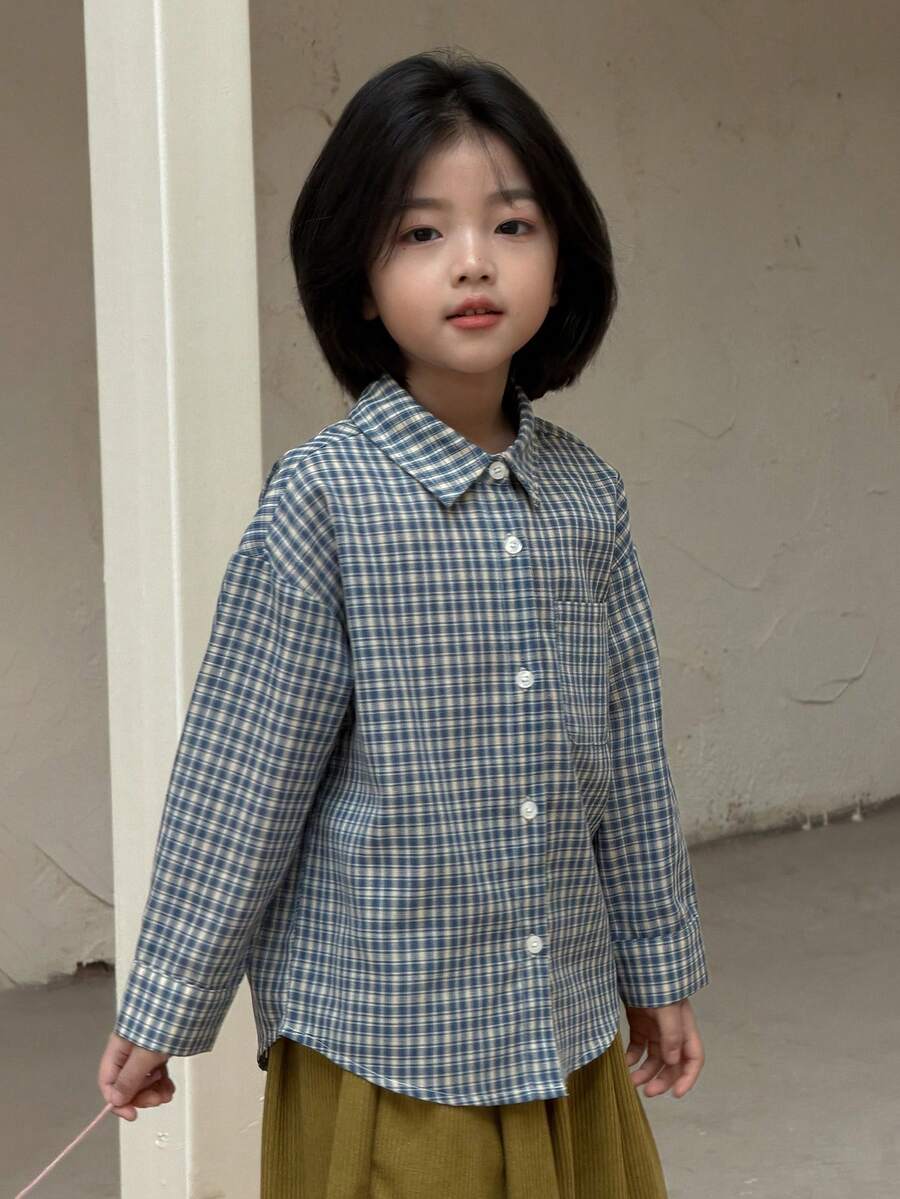 DAZY 女童休闲格子长袖衬衫，秋冬季 - 藍色 - 查看 1