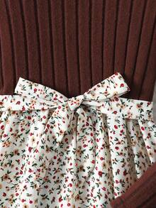 SHEIN Vestido largo de manga larga con cuello redondo, tejido, estilo boho, color marrón, con parches y estampado floral pequeño, adecuado para otoño e invierno, vestido de invierno para vacaciones, vestido de largo medio para niñas preadolescentes