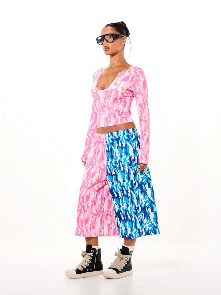 SUMWON WOMEN Long Sleeve Cropped Camo Print Top