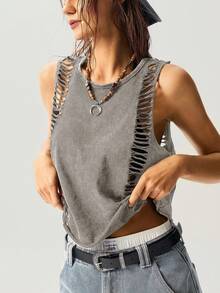 Bohemela Áo tank top dệt kim màu trơn dáng ngắn, đã giặt, dành cho nữ - Xám - Xem 5