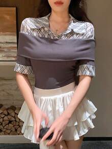 DAZY 女士格子拼接短袖二合一T恤 春夏 - 灰色 - 查看 4