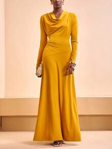 Zivah Festivalul de muzică nouă de primăvară 2025, Paște, Western, Stil nomad, Petrecere de ziua de naștere, Vacanță, Plajă, Petrecere elegantă, Rochie de bal, Rochie galben muștar cu mânecă lungă și decolteu încrețit, linie A - Galben - Vizualizare 6