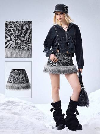 Grunge Punk تنورة جينز قصيرة جدًا ذات خصر منخفض جدًا مزينة بطباعة الزيبرا والنمر الفاخرة من طراز Y2K الرجعي