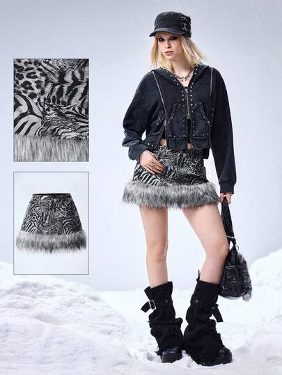 Grunge Punk Y2K Vintage Zebra & Leopard Print Patchwork Fuzzy Super Low Waist Super Short Denim Mini Skirt