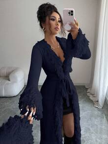 Rafferiza Autumn/Winter Fashion Long Sleeve Cardigan With Fringe Trim On Collar, Cuffs And Waist Belt Navy Blue Elegant Dress High Low Dress Women French Style Dress Long Sleeve Elegant Dress Elegant Dress - Navy Blue - View 6