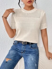 EMERY ROSE Blusa de punto de cuello redondo de unicolor y manga corta para verano, ropa para Año Nuevo - Albaricoque - Ver 3