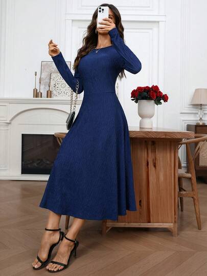 EMERY ROSE Women's Casual Stripe Round Neck Long Sleeve Women Winter Dresses Elegant Dresses For Ladies  Casual Long Dresses