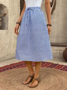 EMERY ROSE Women's Striped Drawstring Waist Casual Versatile Vacation Skirt Vacation Outfits Women - Blue and White - View 3