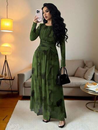 Rafferiza Women's Elegant Tie Dye Print Mesh Elastic Waist Ruched Flared Hem Long Sleeve Dress