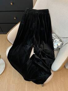 SHEIN Elenzya 女士时尚、优雅、魅力派对亮点高腰抽绳直筒休闲裤 - 黑色 - 查看 2