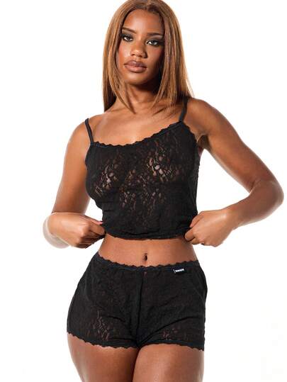 SUMWON WOMEN Lace Camisole And Shorts Lounge Set With Adjustable Straps Scalloped Edges For Sleepwear Nightwear Intimates Relaxation