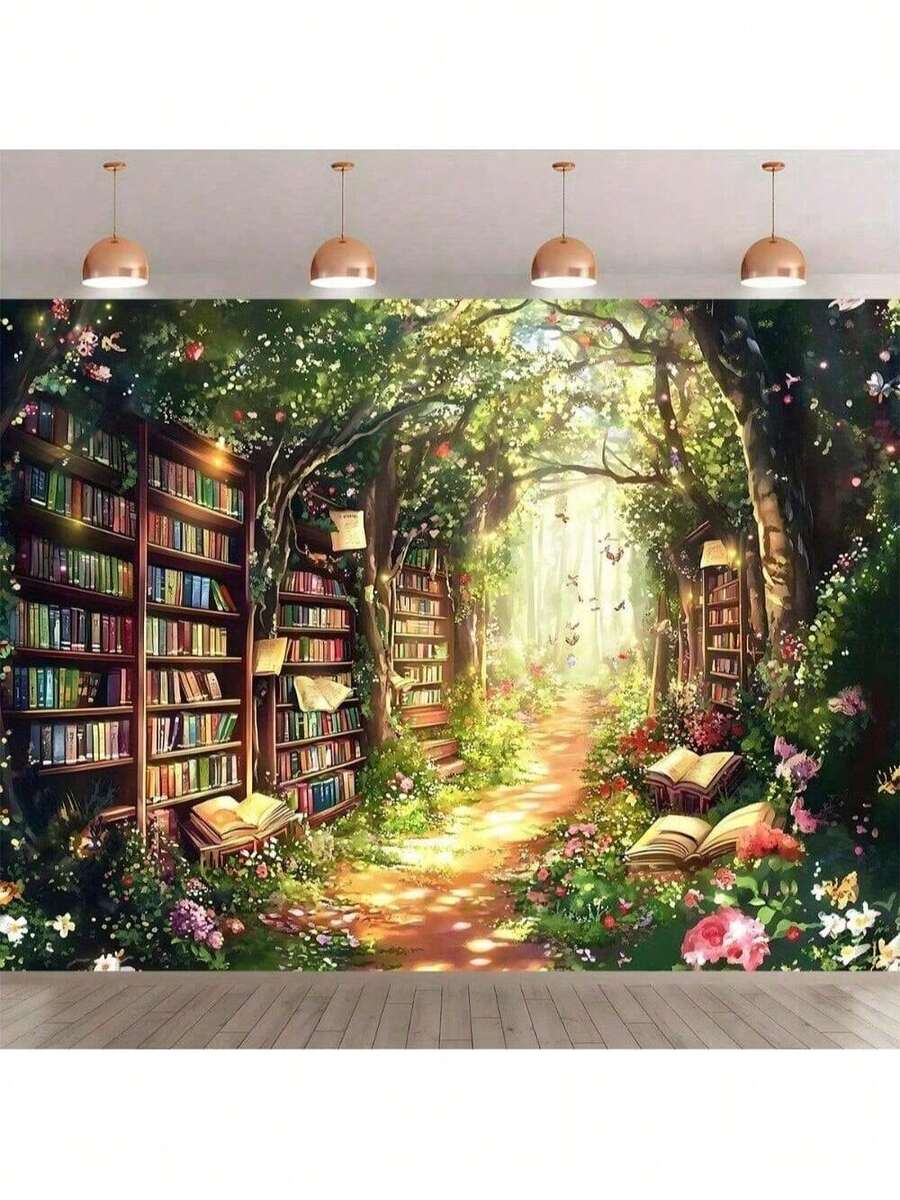 森林图书馆背景 - 绿色花卉魔法花园,带书架,涤纶摄影背景布,适用于家居装饰、生日、周年纪念等场合 - Multicolor(多色) - 查看 1