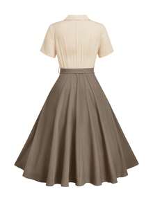 Velvienne 女士大码A字衬衫领通勤短袖连衣裙，春夏款 - 杏色 - 查看 2