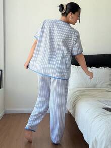 Dream Adore Conjunto de pijama de cárdigan corto y largo a rayas para mujer de talla grande, conjunto de camisa casual de mezcla de algodón - Azul - Ver 2