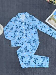 Butterfly Print Ruffle Collar Long Sleeve Girls Pajama Set Pajamas Set Butterfly Kids Pajama Set Pajama Set Blue Butterfly Blue Sleepwear Butterfly Pajamas Kids Leppard Print - Baby Blue - View 1