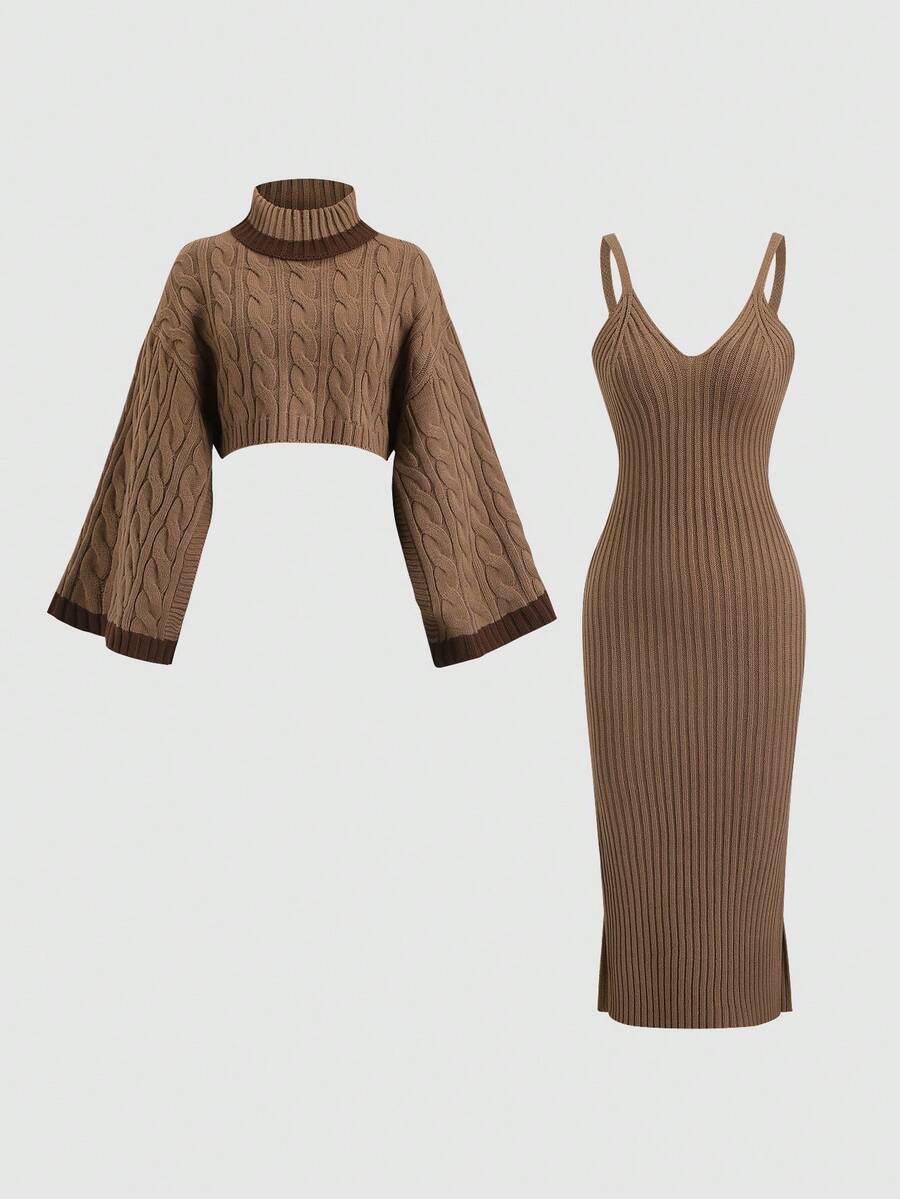 Sweetra Coffee Brown Casual Knitwear Sweater Co-Ords With High Neck Crop Top And Long Sleeve Drop Shoulder Ribbed Midi Dress With Split Details - Coffee Brown - View 1