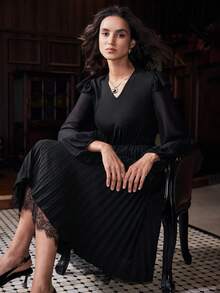 Uhlyne Women's Long Sleeve Lace Trim Flared Midi Dress With Stand Collar, Pleated Waist, Elegant For Work Or Party, Spring/Autumn - Black - View 7