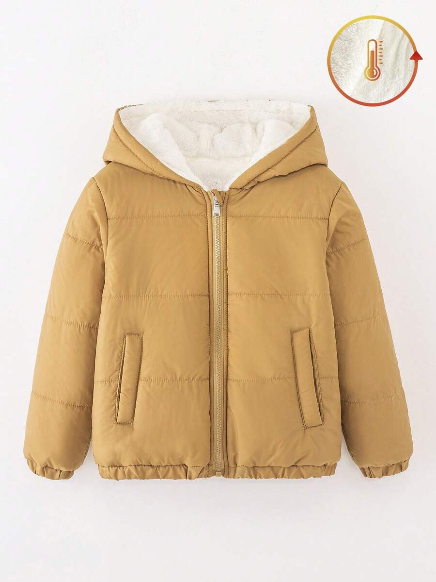 SHEIN Explorewe 男童冬季新款拉链连帽保暖加厚真口袋休闲经典羽绒服，秋冬儿童外套，幼儿男童冬季外套，男童夹克，秋冬男童冬季外套，儿童冬季夹克，儿童棉质夹克，男童冬季外套 - 卡其色 - 查看 1