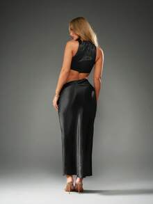 MISSGUIDED Sukienka maxi bez rękawów z dekoltem halter, wycięciami po bokach i dopasowaną sylwetką na wieczorne przyjęcia - Czarne - Zobacz 2