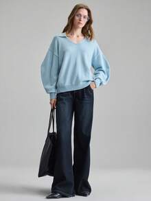 Ontre 2026春夏款女士针织混纺V领毛衣，纯色，灰蓝色，简约优雅，适合派对、假日、办公、休闲等场合，百搭都市时尚，长袖 - 淺藍色 - 查看 5