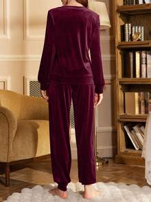 Contrast Color Letter Embroidery Casual Velvet Sweatshirt And Pants Set Women's Long Sleeve Pajama Set Burgundy Pajama Set - Red Violet - View 2