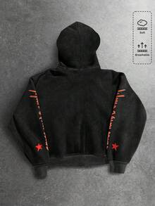 ROMWE MEN 男士连帽字母图案印花拉链休闲百搭长袖卫衣，秋冬款 - 黑色 - 查看 2