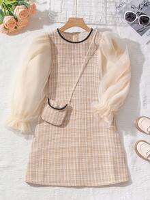 SHEIN 青少年女孩網眼拼接方格紋泡泡袖連衣裙,適用於較大的兒童