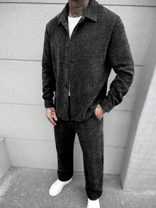 Manfinity CasualCool Men's Turn-Down Collar Single-Breasted Long Sleeve Shirt Top And Pocket Casual Pants Suit, Suitable For Daily Commute - Black - View 4