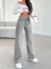 SHEIN Tall 100%Cotton LOW AIST BLACK STAIGHT CUT LONG HEM JEAN - Grey - View 6