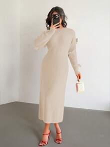 Islaluna 女士简约时尚设计蝴蝶结优雅法式风格毛衣连衣裙 - 杏色 - 查看 4