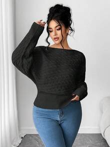 Elenzga Plus Size Batwing Sleeve Drawstring Asymmetrical Knit Sweater, Thick White Pullover Top For Winter Women Sweaters Black Sweater Sweater Top - Black - View 1
