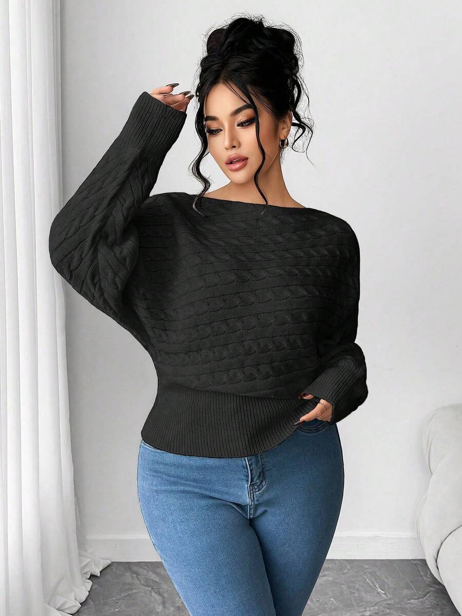 Elenzga Plus Size Batwing Sleeve Drawstring Asymmetrical Knit Sweater, Thick White Pullover Top For Winter Women Sweaters Black Sweater Sweater Top - Black - View 1
