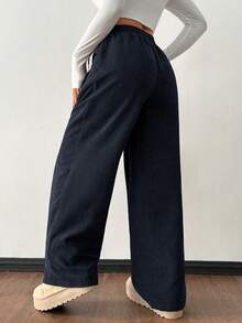 SHEIN PETITE 女款秋冬街頭時尚休閒復古燈芯絨紋理長褲，鬆尺碼彈性腰抽繩寬鬆褲，適合嬌小女性 - 藏蓝色 - 查看 2