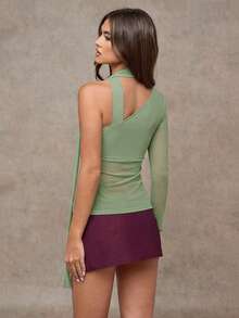 SHEIN BAE Women's Solid Color Oblique Shoulder Long Sleeve Fitted Fashionable Top - Mint Green - View 2