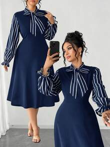 Elenzga Váy xòe eo kẻ sọc dài tay thanh lịch cỡ lớn dành cho nữ, thích hợp cho các buổi đi chơi mùa thu/đông - Màu xanh hải quân - Xem 1
