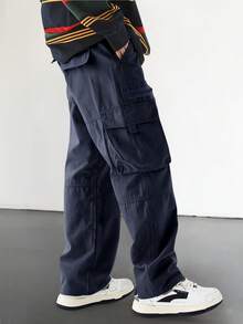 Manfinity Roghcode Loose Fit Men's Flap Pocket Side Cargo Pants Men Clothes Cargo Cargos For Men Men Oversized Pants - Navy Blue - View 4
