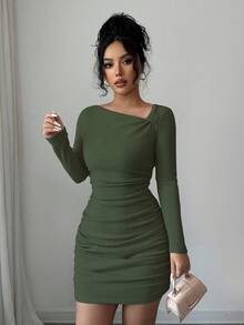 Selianne Đầm ngắn tay dài màu trơn thời trang dành cho nữ, kiểu dáng bất đối xứng vai. - xanh quân đội - Xem 8