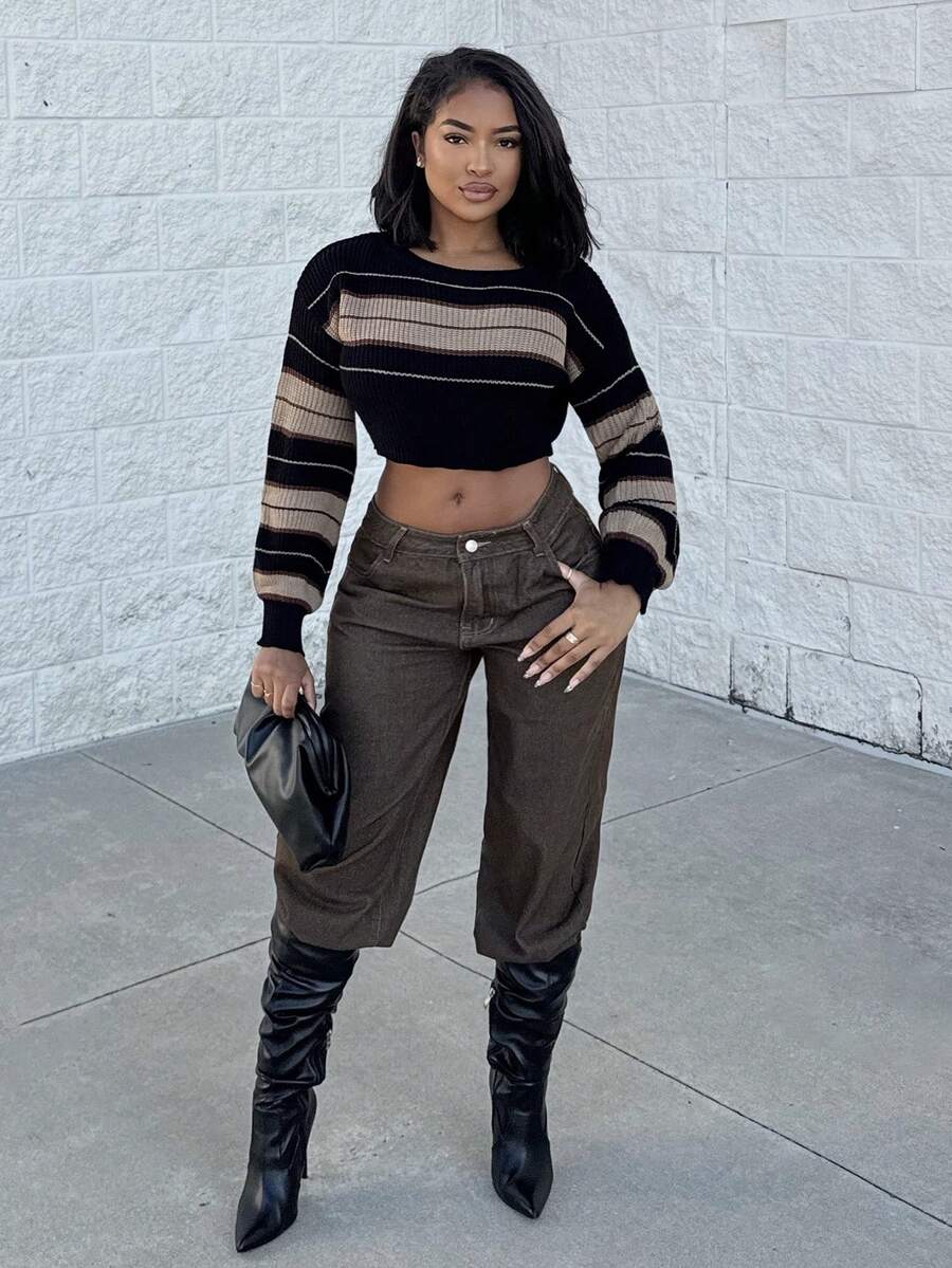 Alexandranx Women Crew Neck Long Sleeve Stripe Simple Short Casual Pullover Sweater,Long Sleeve Tops Knit Pullover Fall Winter Outfit - Black - View 1