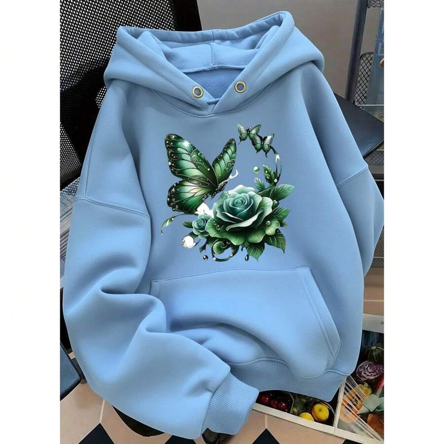Sudadera Hoodie con estampado de Flor y Mariposa - Azul - Ver 1