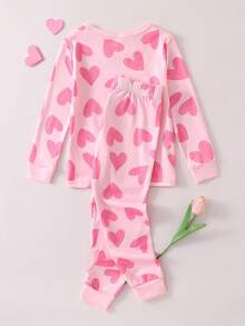 Set de pijama con top de manga larga y leggings con estampado de corazones y graffiti lindo para niñas, 2 piezas - Rosa - Ver 2
