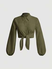 SHEIN MOD Áo sơ mi nữ tay phồng màu trơn, hai túi, dáng ngắn, thích hợp mặc mùa xuân và hè. - xanh quân đội - Xem 1